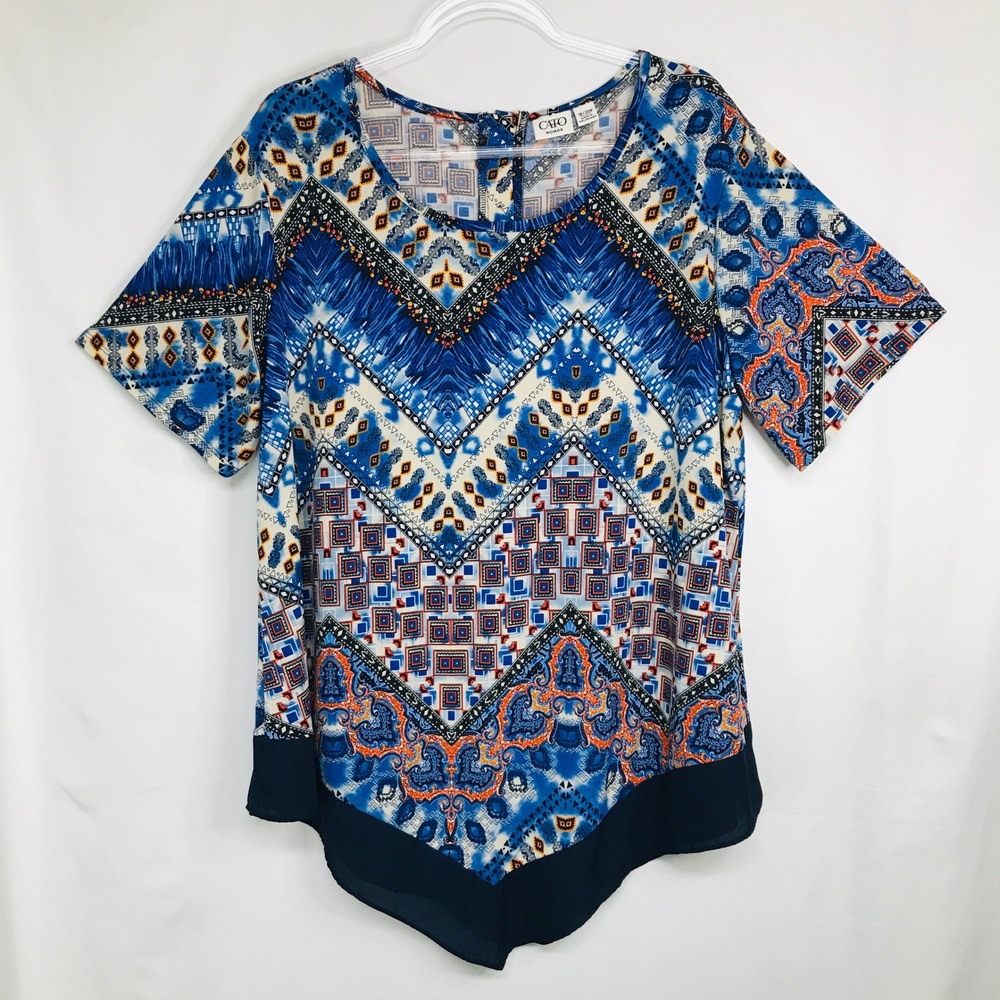 Cato Womens Plus‎ Size 18/20W Blue Paisley Geometric Sharkbite Hem Blouse Top